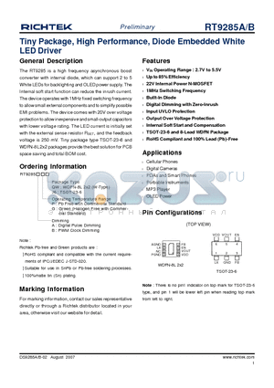 RT9285APJ6 datasheet - Tiny Package, High Performance, Diode Embedded White LED Driver