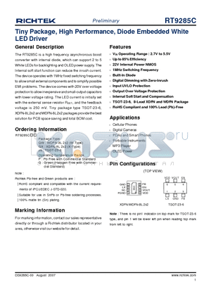 RT9285CPJ6 datasheet - Tiny Package, High Performance, Diode Embedded White LED Driver