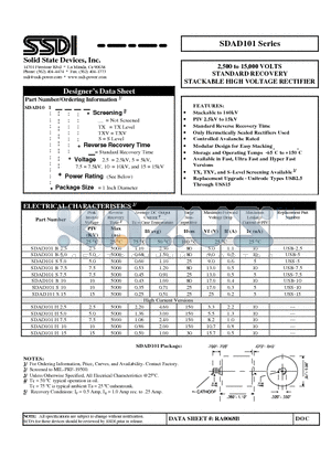 SDAD101H5.0 datasheet - 2,500 to 15,000 VOLTS STANDARD RECOVERY STACKABLE HIGH VOLTAGE RECTIFIER