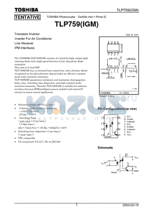 TLP759 datasheet - Transistor Invertor Inverter For Air Conditioner Line Receiver IPM Interfaces