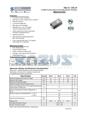 SSL12 datasheet - 1.0AMP Surface Mount Schottky Barrier Rectifier Easy pick and place