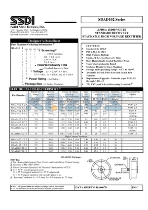 SDAD102 datasheet - 2,500 to 15,000 VOLTS STANDARD RECOVERY STACKABLE HIGH VOLTAGE RECTIFIER