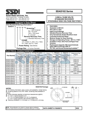 SDAD102A5.0 datasheet - STANDARD RECOVERY STACKABLE HIGH VOLTAGE RECTIFIER