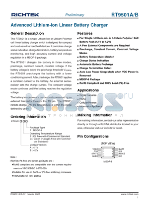 RT9501A datasheet - Advanced Lithium-Ion Linear Battery Charger