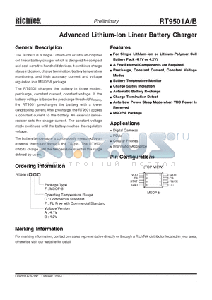 RT9501BPF datasheet - Advanced Lithium-lon Linear Battery Charger