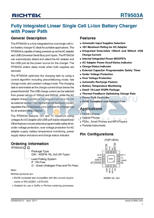 RT9503A datasheet - Fully Integrated Linear Single Cell Li-Ion Battery Charger with Power Path