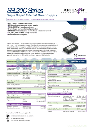 SSL20C-7612J datasheet - EXTERNAL AC/DC POWER SUPPLIES 20 W External AC/DC Power Supplies