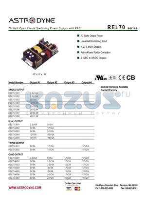 REL70-2005 datasheet - 70 Watt Open Frame Switching Power Supply with PFC