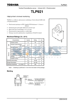 TLP921 datasheet - Toshiba Photoreflective sensor Infrared LED  Phototransistor Inkjet printers ink-level monitoring