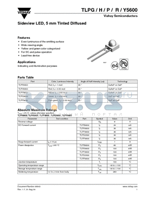 TLPG5600 datasheet - Sideview LED, 5 mm Tinted Diffused