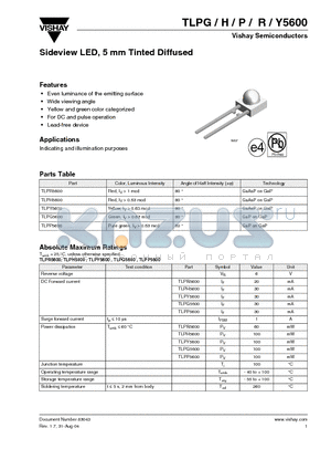 TLPG5600 datasheet - Sideview LED, 5 mm Tinted Diffused