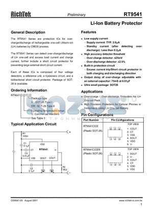 RT9541JCER datasheet - LI LON BATTERY PROTECTOR