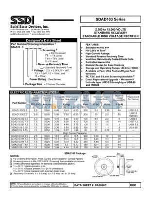 SDAD103 datasheet - STANDARD RECOVERY STACKABLE HIGH VOLTAGE RECTIFIER