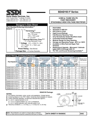 SDAD103F datasheet - FAST RECOVERY STACKABLE HIGH VOLTAGE RECTIFIER