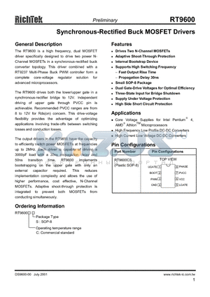 RT9600 datasheet - SYNCHRONOUS-RECTIFIED BUCK MOSFET DRIVERS