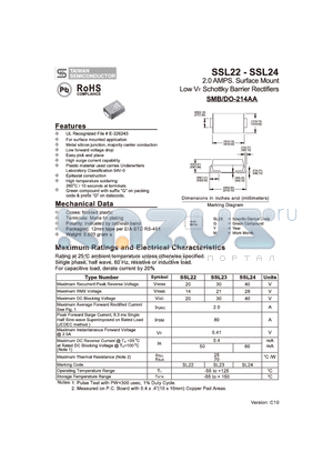 SSL24 datasheet - 2.0 AMP. Surface Mount Low VF Schottky Barrier Rectifiers