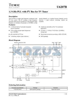 U6207B datasheet - 1.3 GHz PLL with I2C Bus for TV Tuner