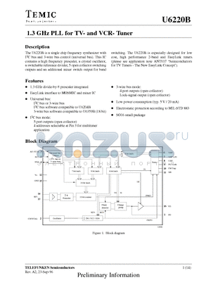 U6220B datasheet - 1.3 GHz PLL for TV- and VCR- Tuner