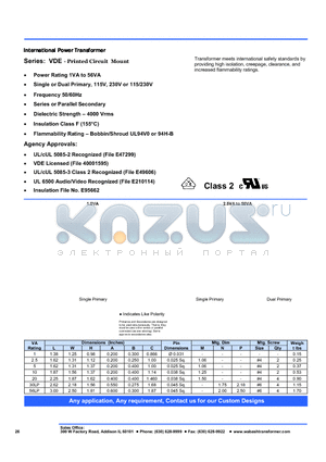 VDE2-025P-20 datasheet - International Power Transformer