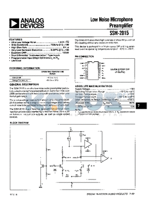 SSM-2015 datasheet - LOW NOISE MICROPHONE PREAMPLIFIER