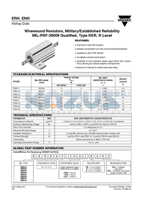 RER65F1001RCSL datasheet - Wirewound Resistors, Military/Established Reliability MIL-PRF-39009 Qualified, Type RER, R Level