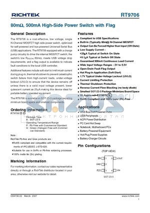 RT9706 datasheet - 80mY, 500mA High-Side Power Switch with Flag
