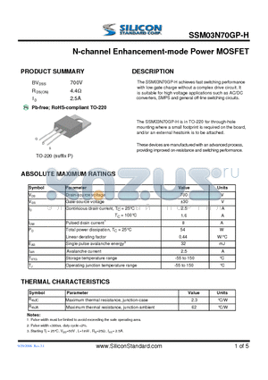 SSM03N70GP-H datasheet - N-channel Enhancement-mode Power MOSFET