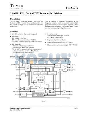 U6239B-AFPG3 datasheet - 2.9 GHz PLL for SAT TV Tuner with UNi-Bus