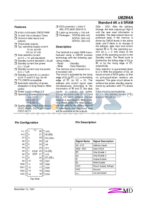 U6264A datasheet - STANDARD 8K X 8 SRAM