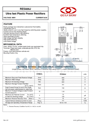 RESA08J datasheet - Ultra fast Plastic Power Rectifiers VOLTAGE: 600V CURRENT:8.0A