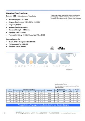 VDE2-150T-230 datasheet - International Power Transformer