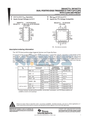 SN74ACT74 datasheet - DUAL POSITIVE-EDGE-TRIGGERED D-TYPE FLIP-FLOPS WITH CLEAR AND PRESET