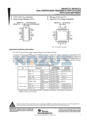 SN74ACT74NSRE4 datasheet - DUAL POSITIVE-EDGE-TRIGGERED D-TYPE FLIP-FLOPS WITH CLEAR AND PRESET