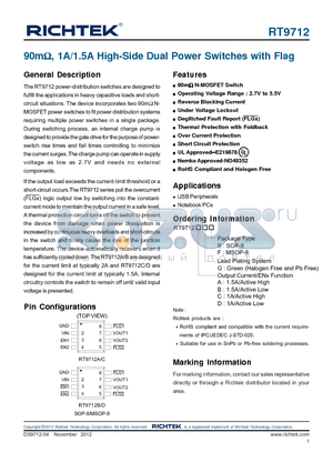 RT9712 datasheet - 90mY, 1A/1.5A High-Side Dual Power Switches with Flag