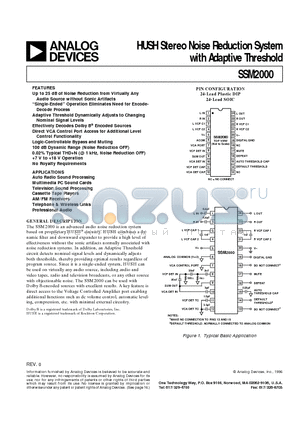 SSM2000P datasheet - HUSH Stereo Noise Reduction System with Adaptive Threshold