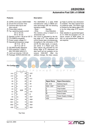 U62H256ASA35 datasheet - AUTOMOTIVE FAST 32K X 8 SRAM