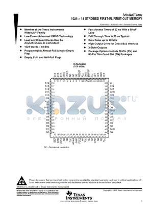 SN74ACT7802FN datasheet - 1024  18 STROBED FIRST-IN, FIRST-OUT MEMORY