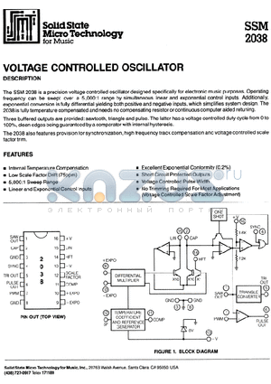 SSM2038 datasheet - VOLTAGE CONTROLLED OSCILLATOR