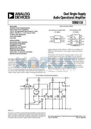 SSM2135 datasheet - Dual Single-Supply Audio Operational Amplifier