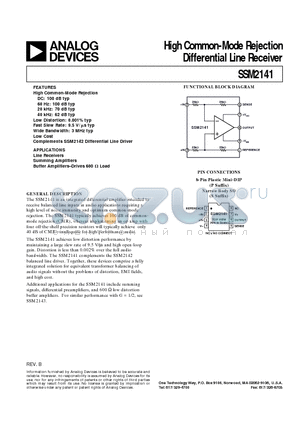 SSM2141S datasheet - High Common-Mode Rejection Differential Line Receiver