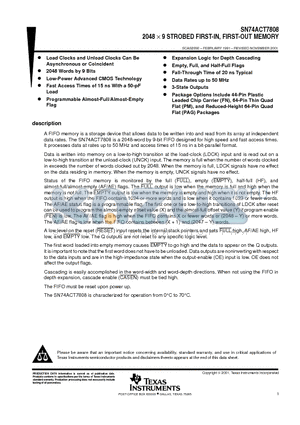 SN74ACT7808-40FN datasheet - 2048  9 STROBED FIRST-IN, FIRST-OUT MEMORY