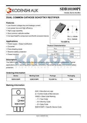 SDB10100PI datasheet - DUAL COMMON CATHODE SCHOTTKY RECTIFIER