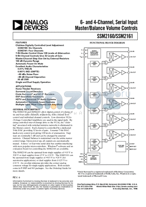 SSM2160S datasheet - 6- and 4-Channel, Serial Input Master/Balance Volume Controls