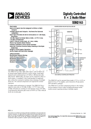SSM2163 datasheet - Digitally Controlled 8 x 2 Audio Mixer