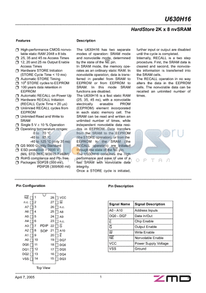 U630H16DC35G1 datasheet - HARDSTORE 2K X 8 NVSRAM