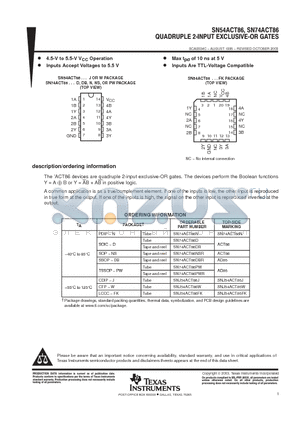 SN74ACT86 datasheet - QUADRUPLE 2-INPUT EXCLUSIVE-OR GATES