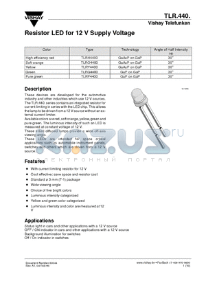 TLRH4400 datasheet - Resistor LED for 12 V Supply Voltage