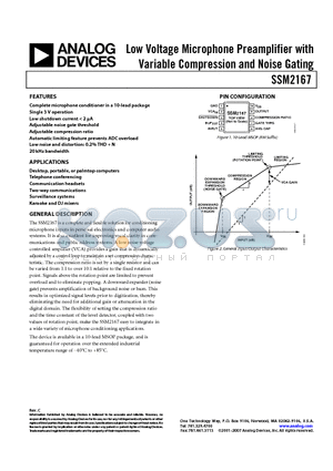 SSM2167 datasheet - Low Voltage Microphone Preamplifier with Variable Compression and Noige Gating