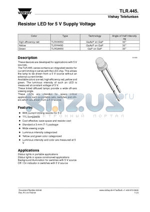 TLRH4450 datasheet - Resistor LED for 5 V Supply Voltage