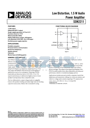 SSM2211SZ-REEL71 datasheet - Low Distortion, 1.5 W Audio Power Amplifier
